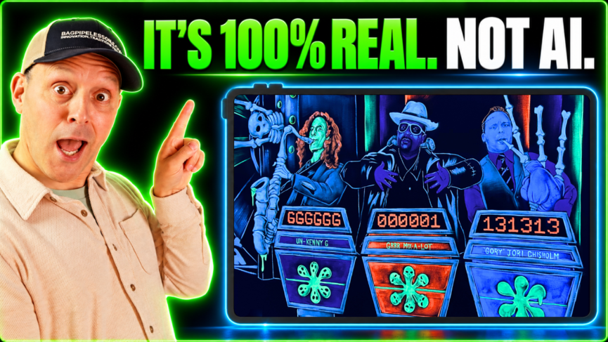 Jori Chisholm pointing at the glow-in-the-dark Monster Mini Golf mural of Un-Kenny G, Grrr Mix-a-Lot and Gory Jori Chisholm, with the words It's 100% Real. Not AI.